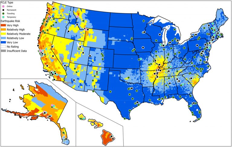Locations of free-choice learning environments around the United States displayed on the Federal Emergency Management Agency’s (FEMA) National Risk Index (NRI) for earthquake risk. From Sumy et al. (2023).
