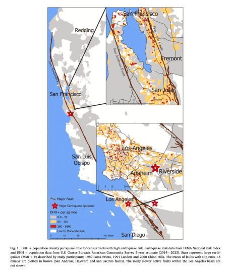 DHH +population density per square mile for census tracts with high earthquake risk.